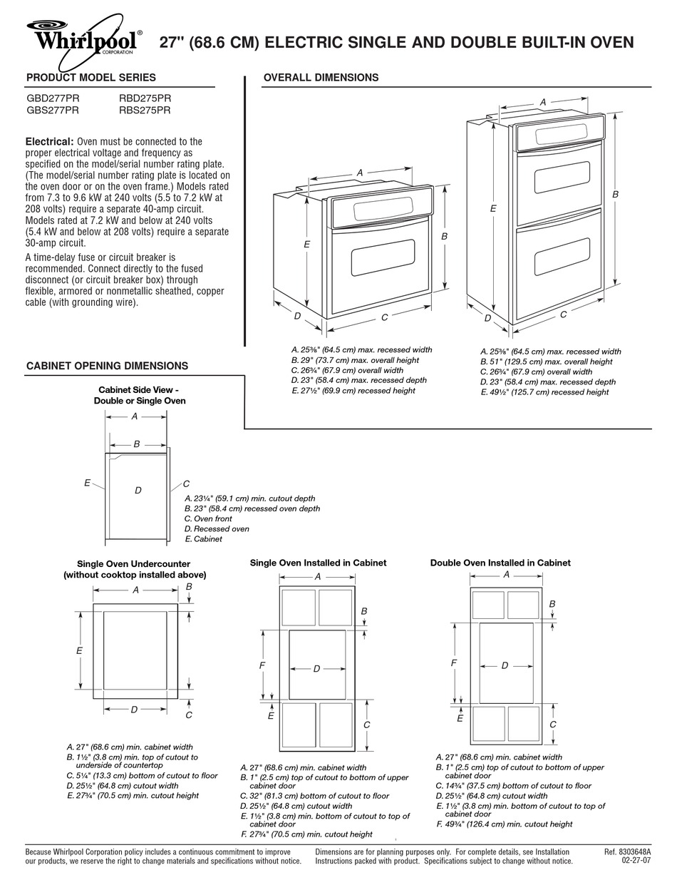 WHIRLPOOL GOLD GBS277PR SPECIFICATIONS Pdf Download | ManualsLib