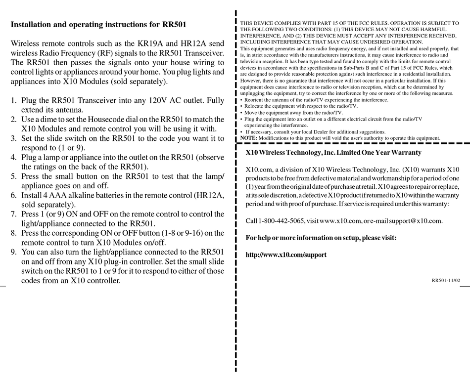 X10 Rr501 Installation And Operating Instructions Pdf Download Manualslib