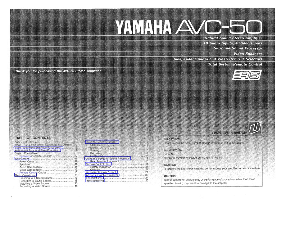 YAMAHA AVC-50 OWNER'S MANUAL Pdf Download | ManualsLib