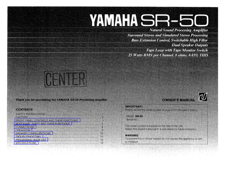 YAMAHA SR-50 OWNER'S MANUAL Pdf Download | ManualsLib