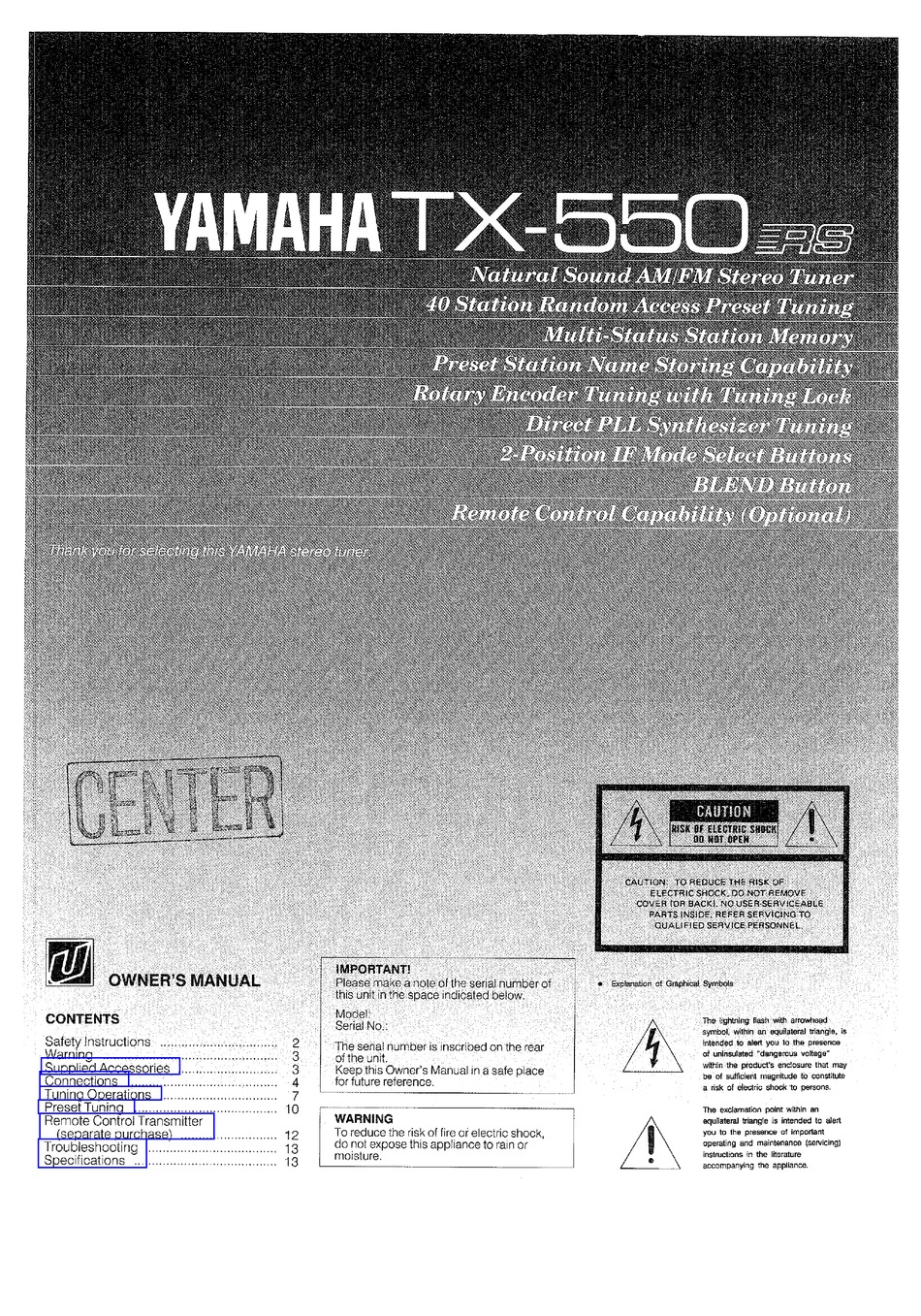 YAMAHA TX-550 OWNER'S MANUAL Pdf Download | ManualsLib