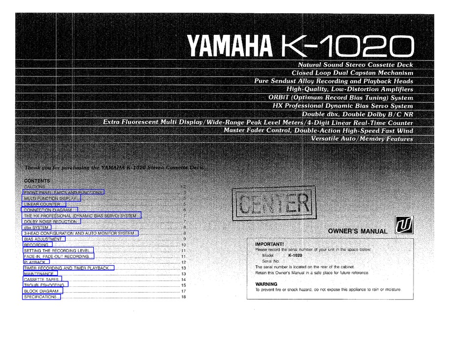 YAMAHA K-1020 OWNER'S MANUAL Pdf Download | ManualsLib