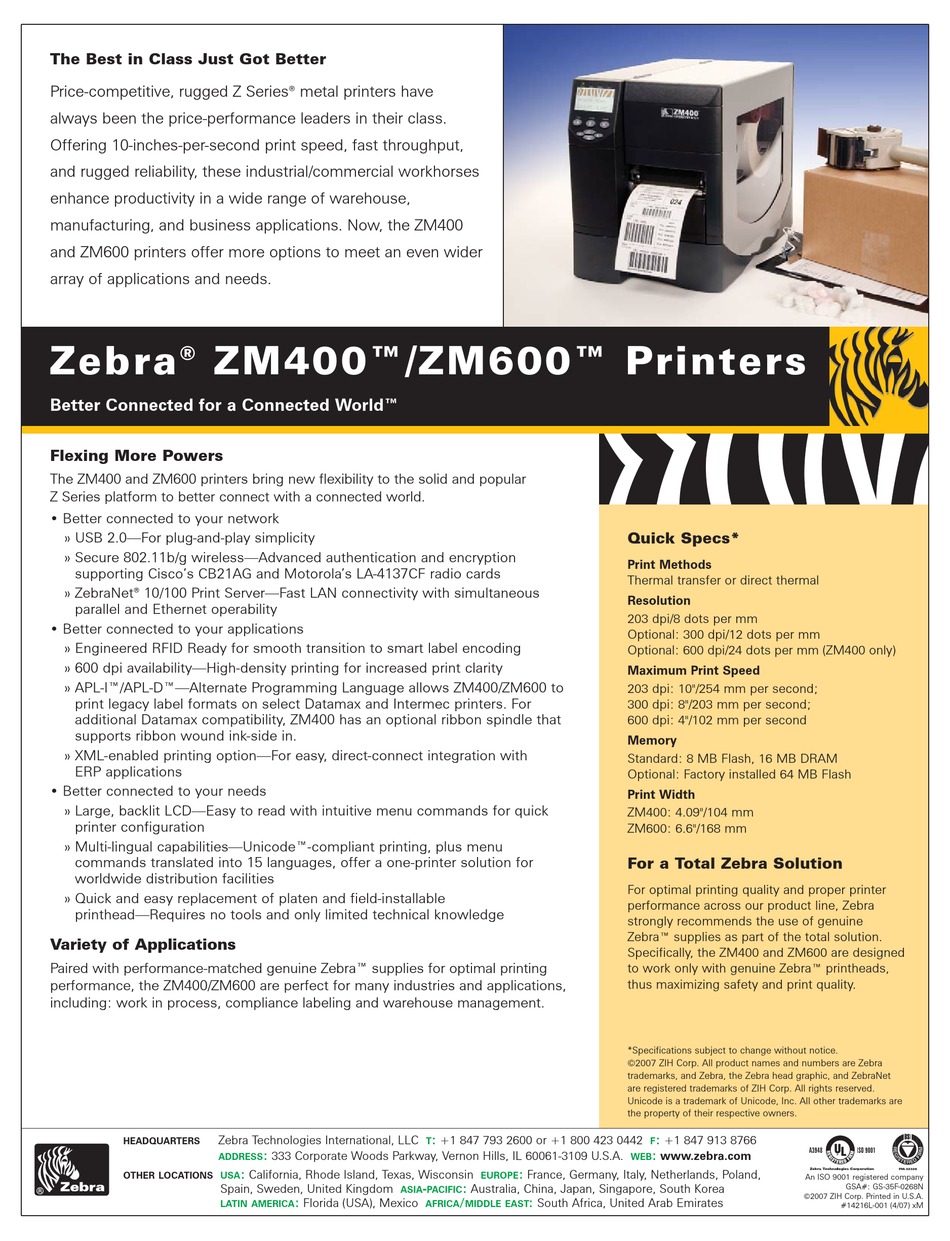 zm400 printer price