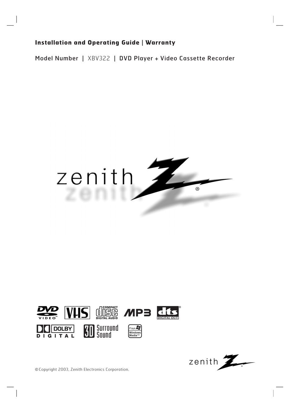 ZENITH XBV322 INSTALLATION AND OPERATING MANUAL Pdf Download | ManualsLib