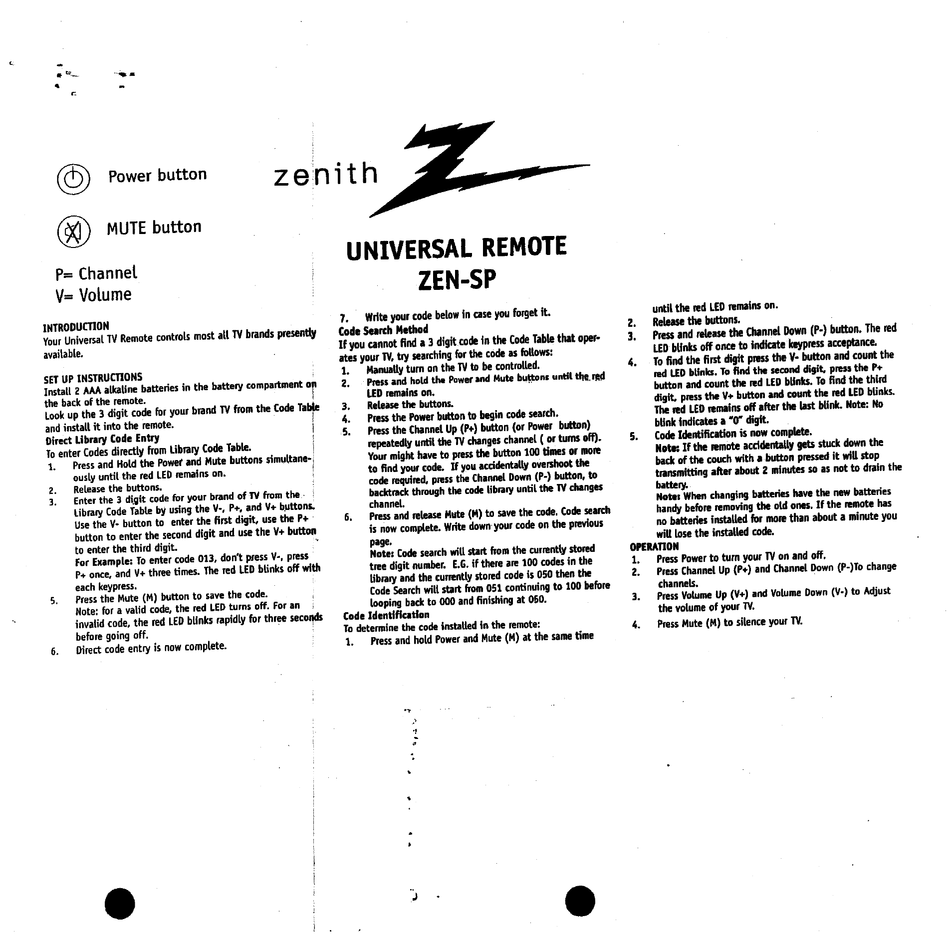zenith zc300 remote manual