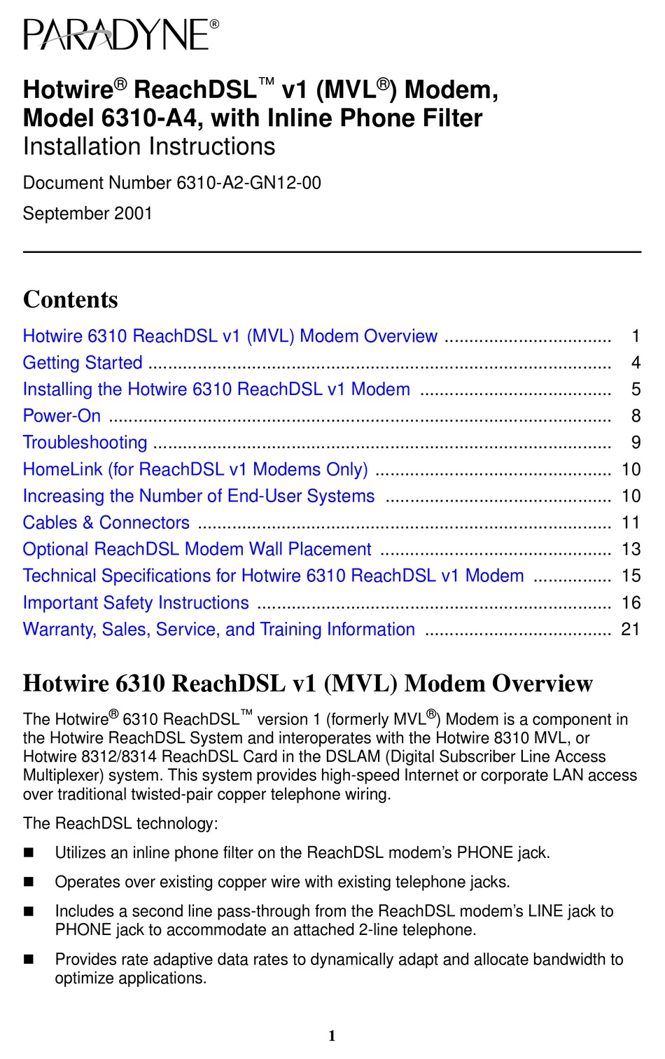 PARADYNE 6310 INSTALLATION INSTRUCTIONS MANUAL Pdf Download | ManualsLib