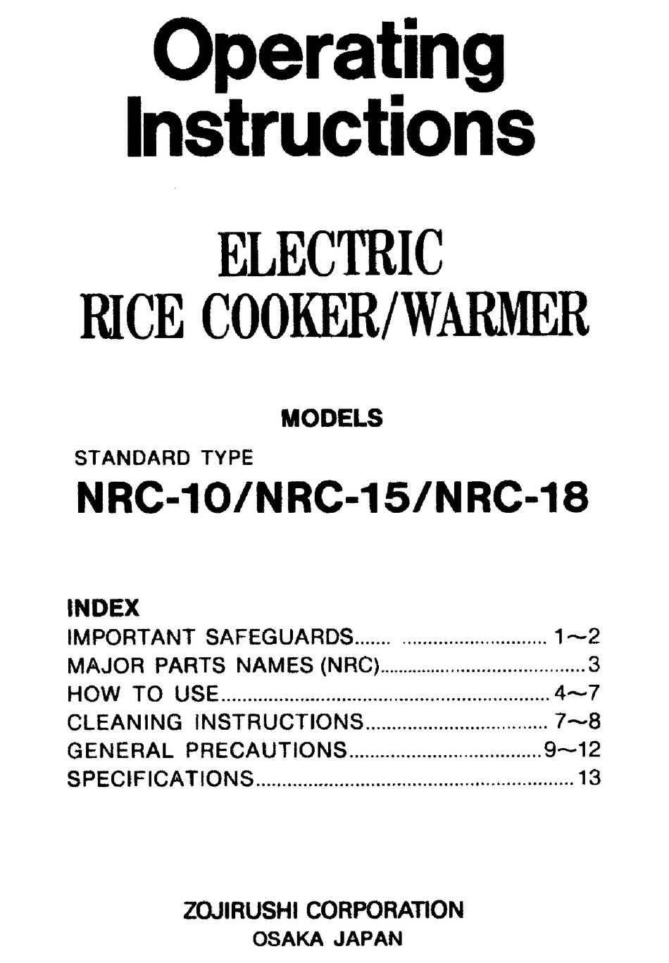 ZOJIRUSHI NRC10 OPERATING INSTRUCTIONS MANUAL Pdf Download ManualsLib