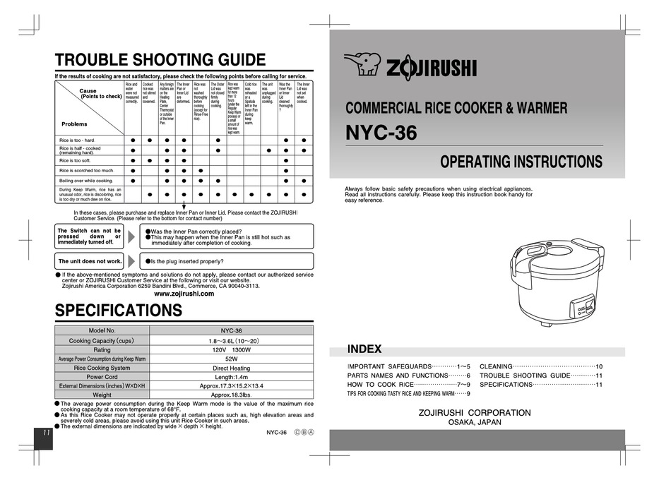 ZOJIRUSHI NYC36 OPERATING INSTRUCTIONS MANUAL Pdf Download ManualsLib
