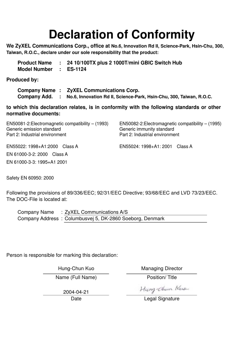 Zyxel Communications Dimension Es-1124 Declaration Of Conformity Pdf 