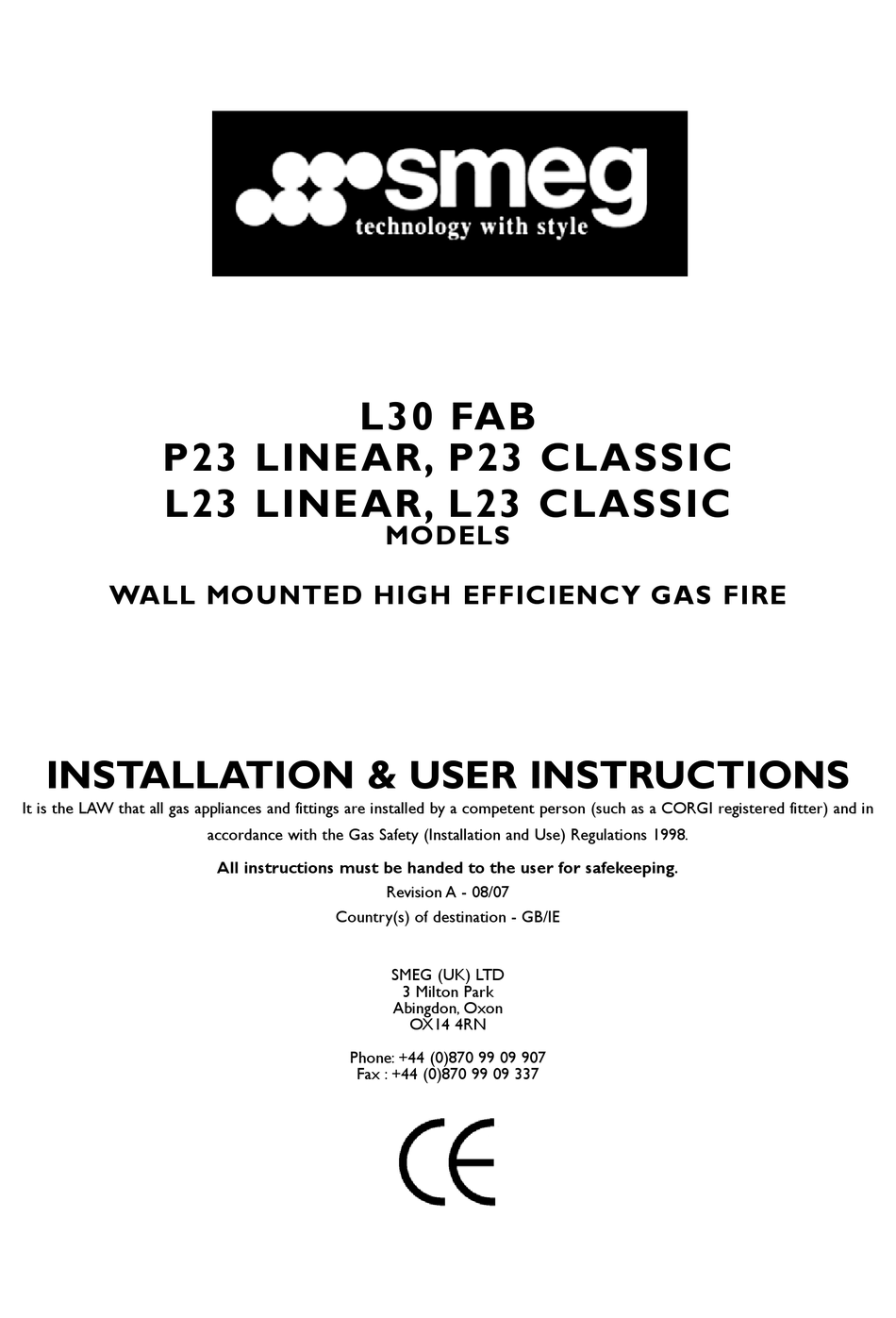 SMEG L23CL INSTALLATION AND USER INSTRUCTIONS MANUAL Pdf Download