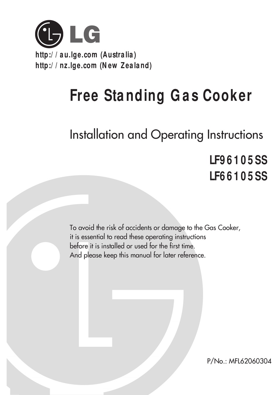 SMEG LF66105SS INSTALLATION AND OPERATING INSTRUCTIONS MANUAL Pdf