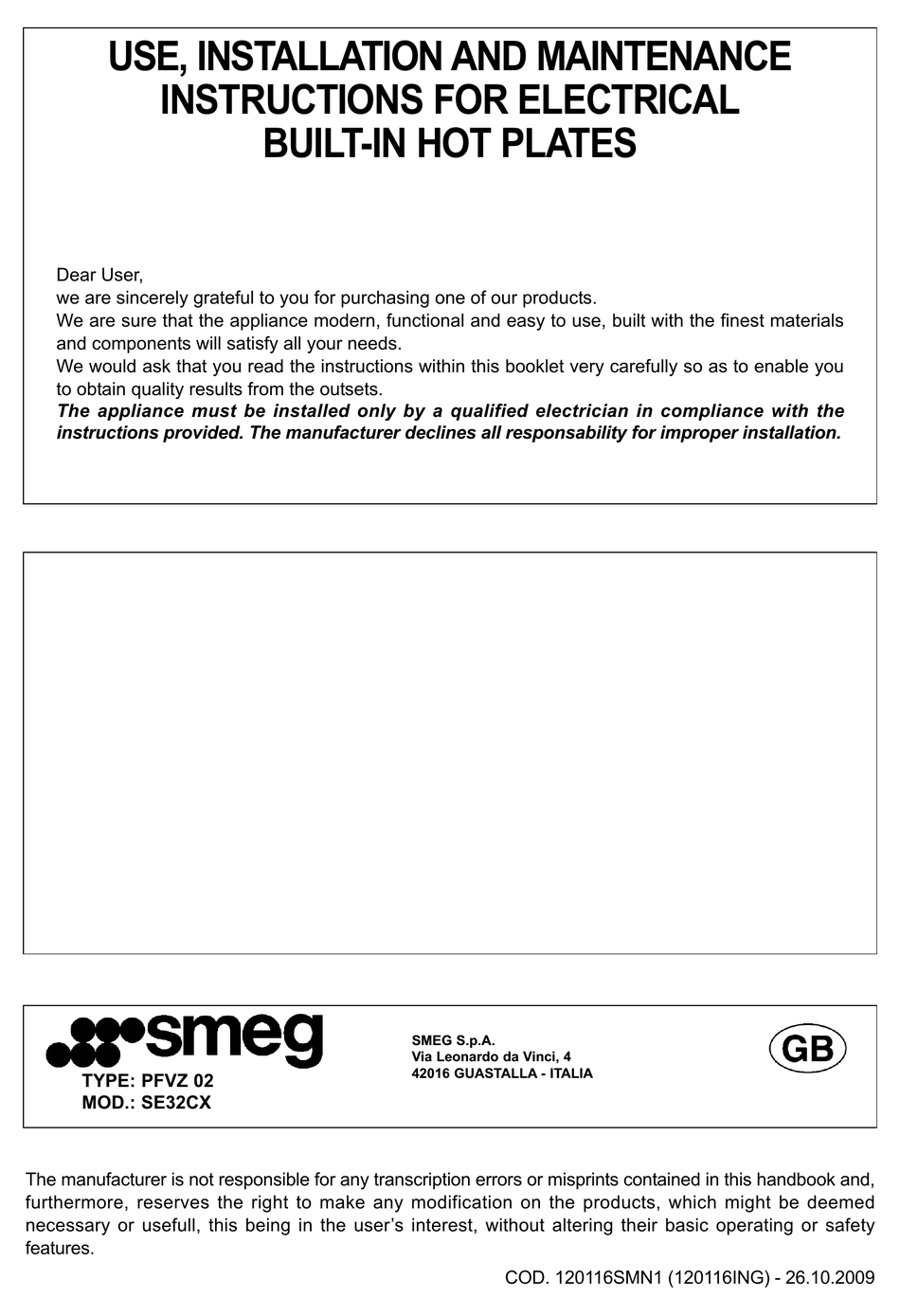 SMEG SE32CX USE, INSTALLATION AND MAINTENANCE INSTRUCTIONS Pdf Download