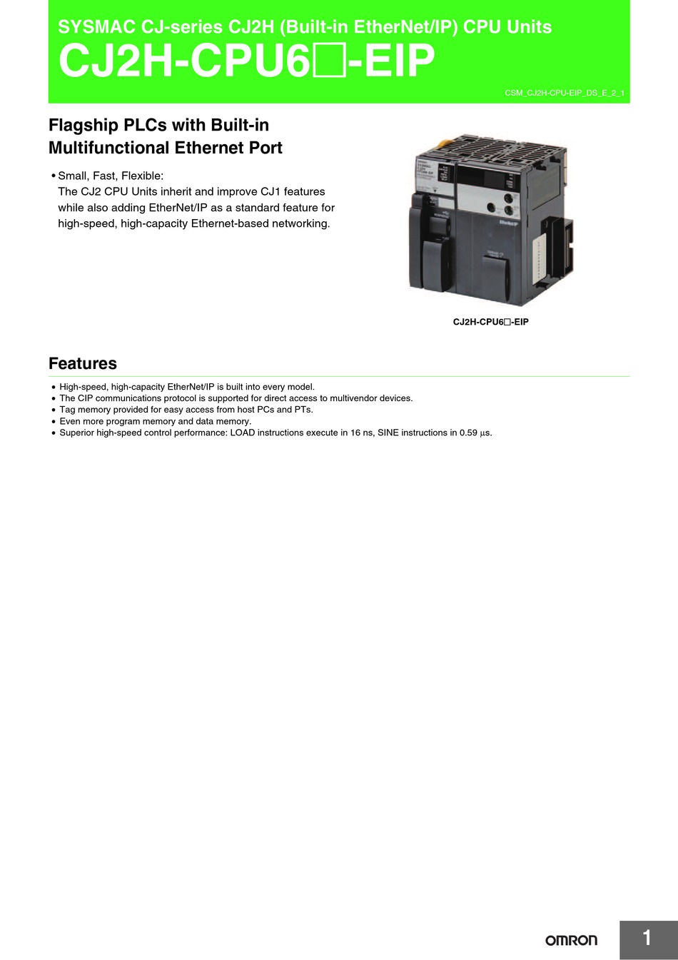 OMRON SYSMAC CJ2H-CPU64-EIP DATASHEET Pdf Download ...