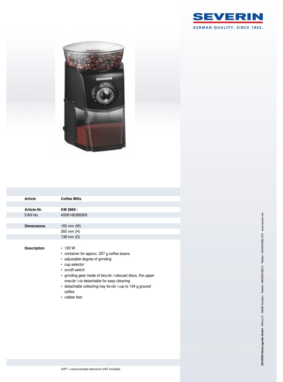 SEVERIN COFFEE MILLS DIMENSIONS Pdf Download ManualsLib