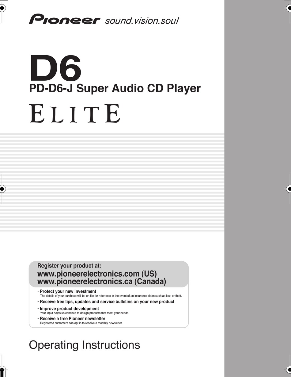 PIONEER ELITE PD-D6-J OPERATING INSTRUCTIONS MANUAL Pdf Download