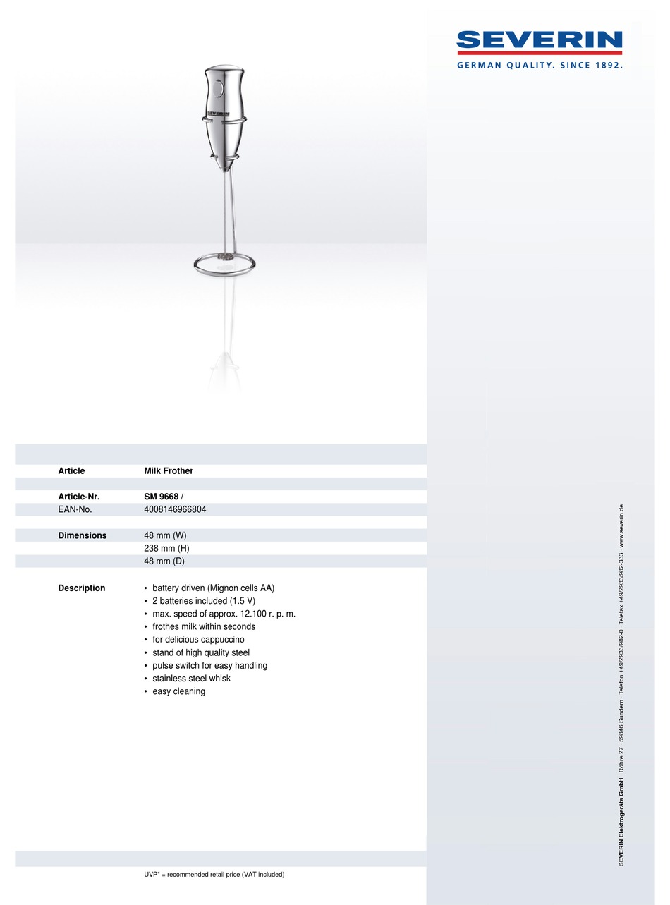 SEVERIN MILK FROTHER DATASHEET 2 DIMENSIONS Pdf Download ManualsLib