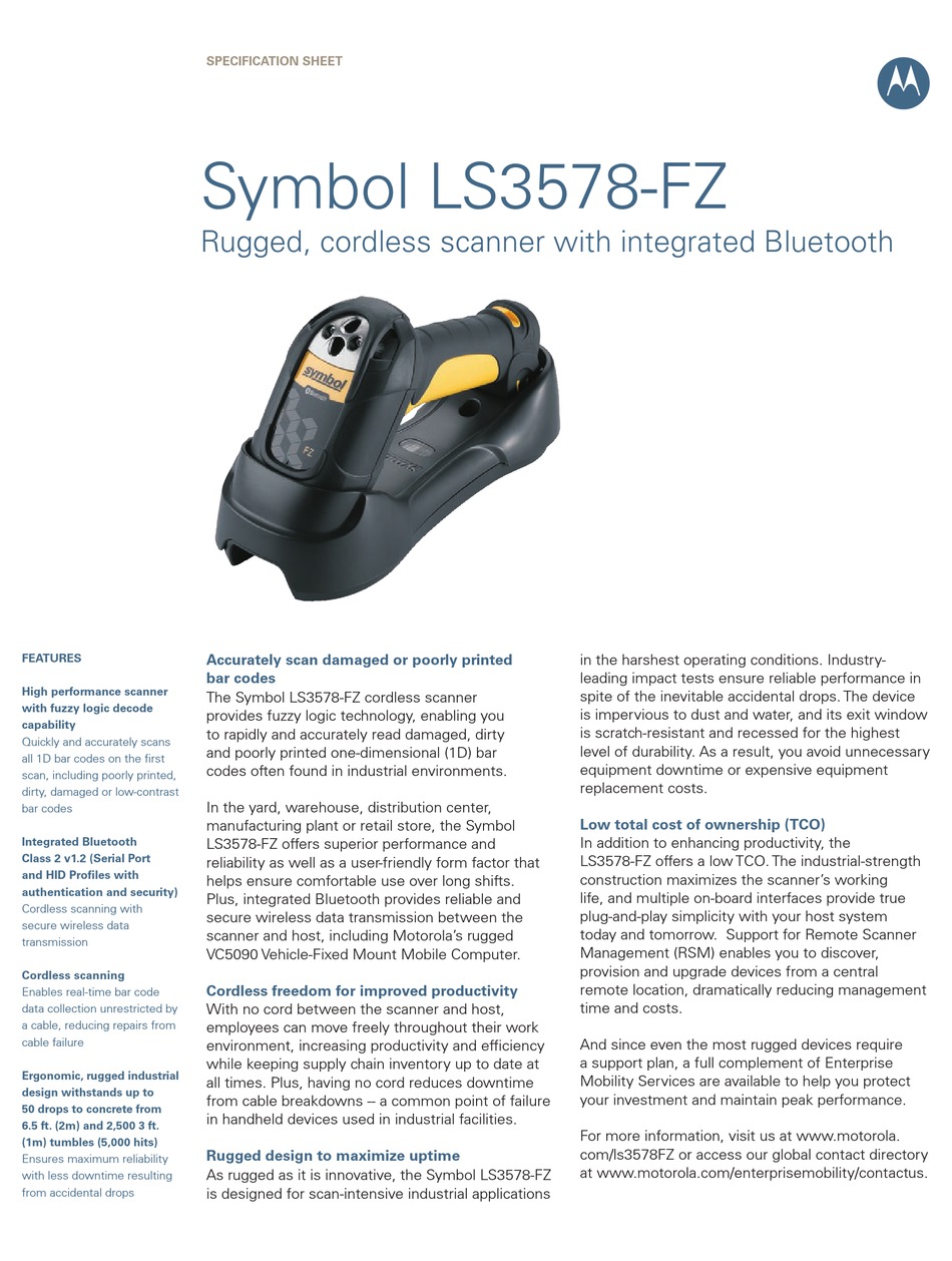 SYMBOL LS3578FZ WIRELESS PORTABLE BARCODE SCANNER SPECIFICATION