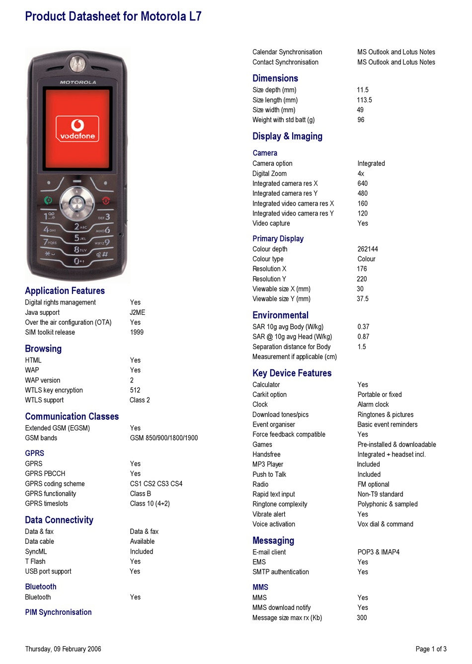 MOTOROLA L7 DATASHEET Pdf Download ManualsLib
