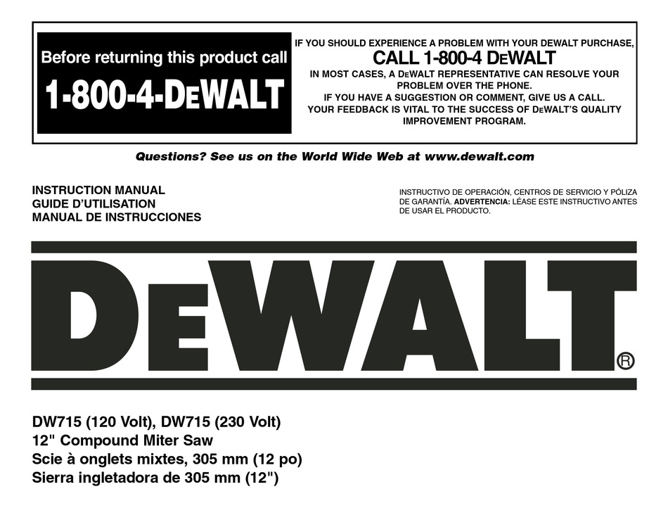 DEWALT DW715 INSTRUCTION MANUAL Pdf Download ManualsLib