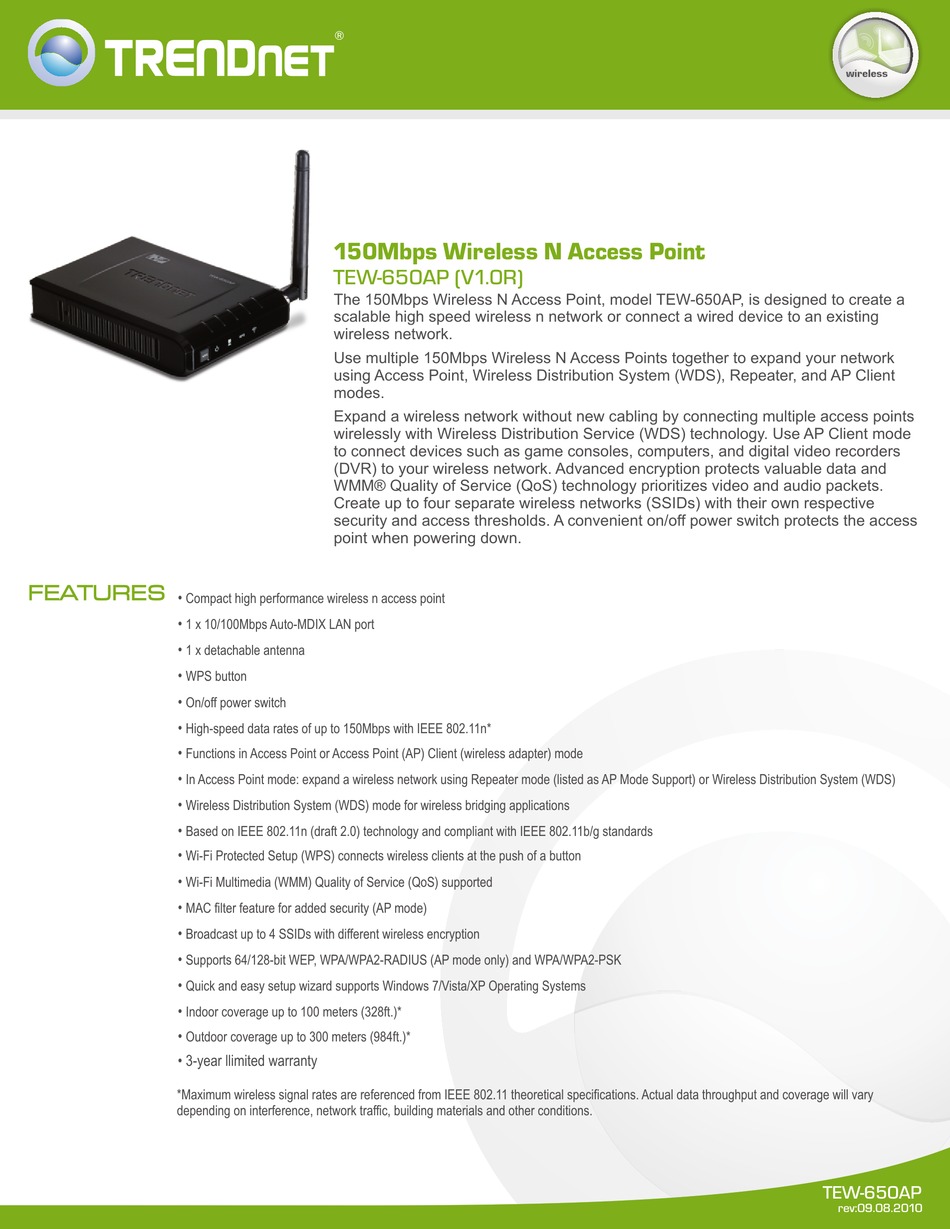 TRENDNET TEW-650AP - DATA SHEETS DATASHEET Pdf Download | ManualsLib