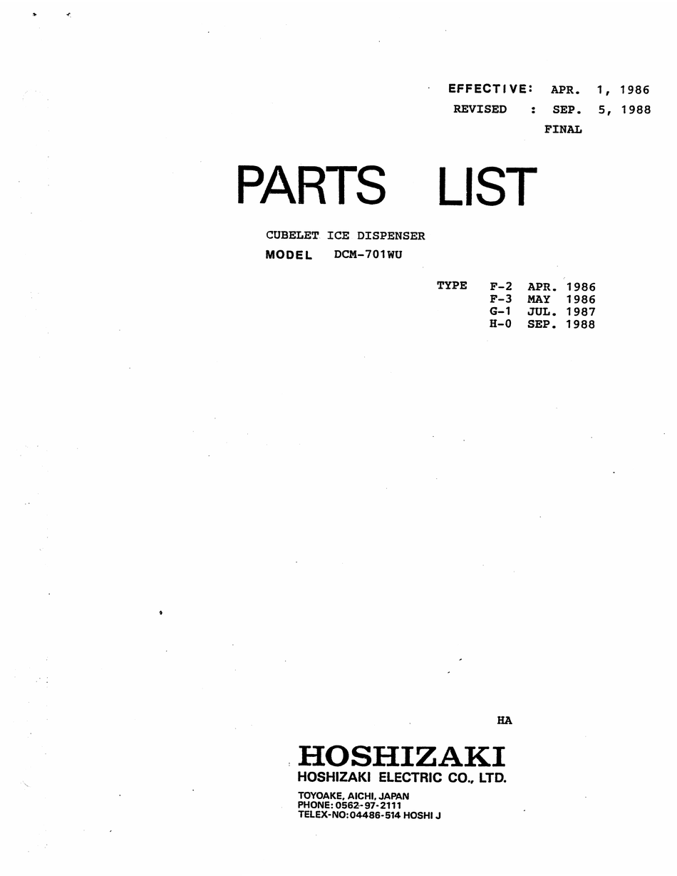 HOSHIZAKI DCM-701WU PARTS LIST Pdf Download | ManualsLib