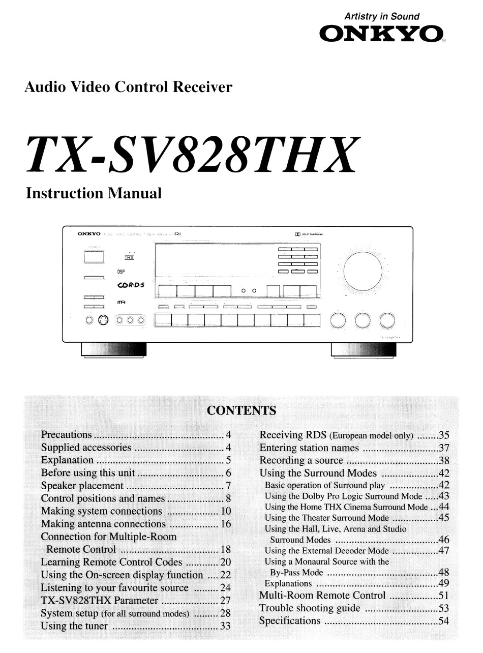Onkyo Tx Sv828thx Instruction Manual Pdf Download Manualslib