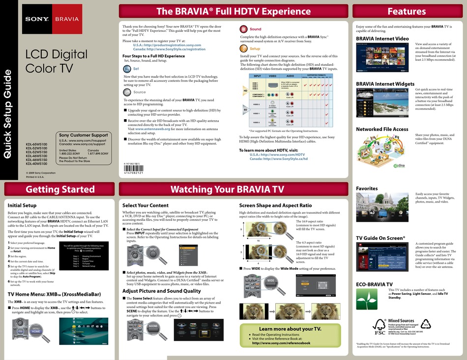 SONY BRAVIA KDL40W5100 QUICK SETUP MANUAL Pdf Download ManualsLib