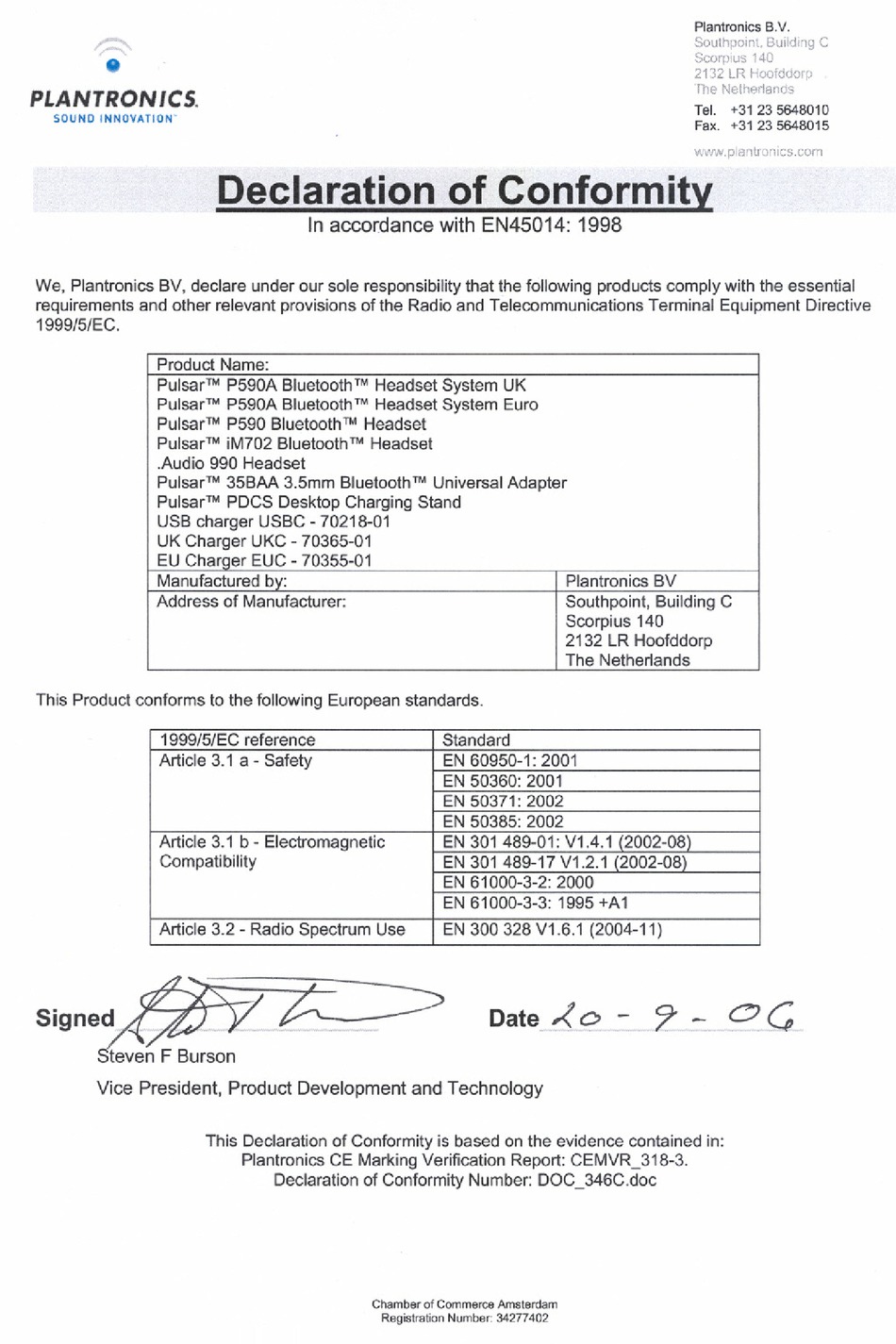 PLANTRONICS AUDIO 990 DECLARATION OF CONFORMITY Pdf Download | ManualsLib