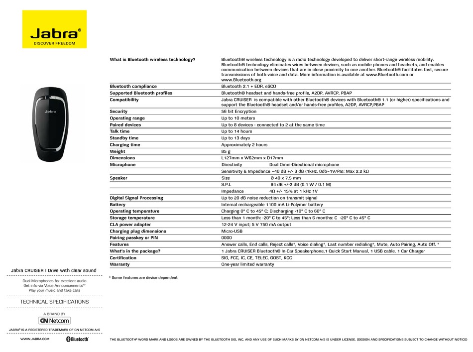 JABRA CRUISER TECHNICAL SPECIFICATIONS Pdf Download ManualsLib