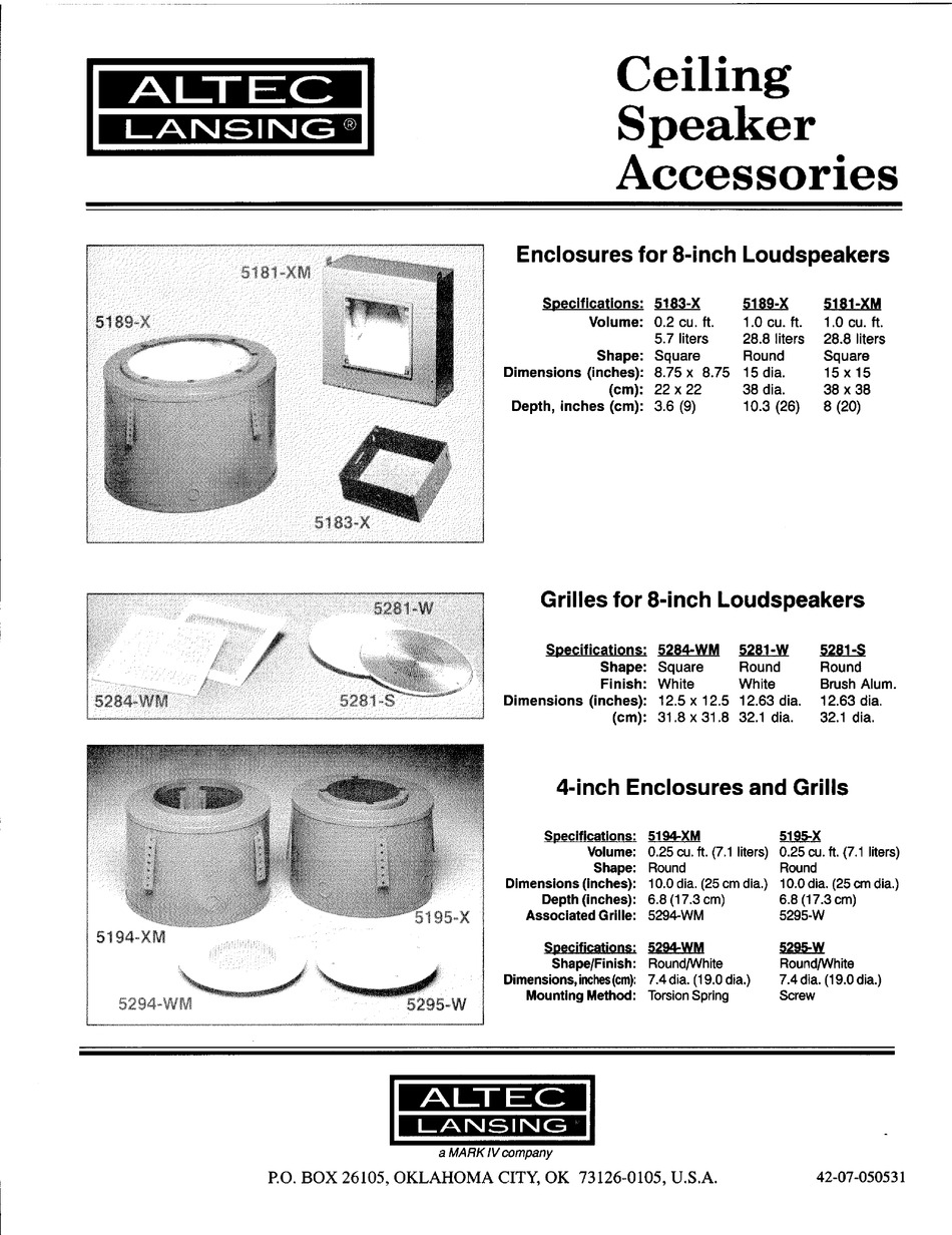 ALTEC LANSING 5295X CEILING SPEAKER ACCESSORY MANUAL Pdf Download
