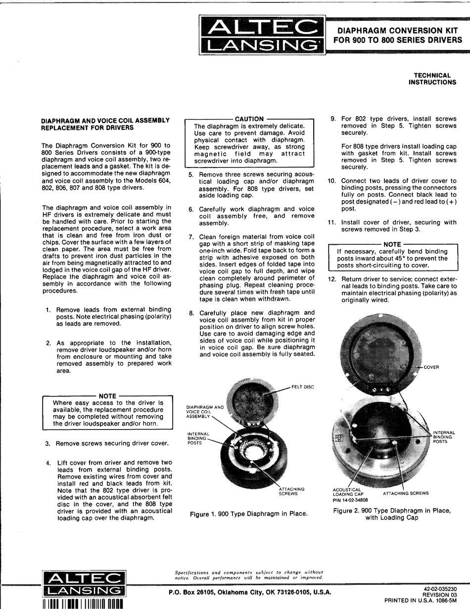 ALTEC LANSING 800 HF DRIVER TECHNICAL INSTRUCTIONS Pdf Download ...