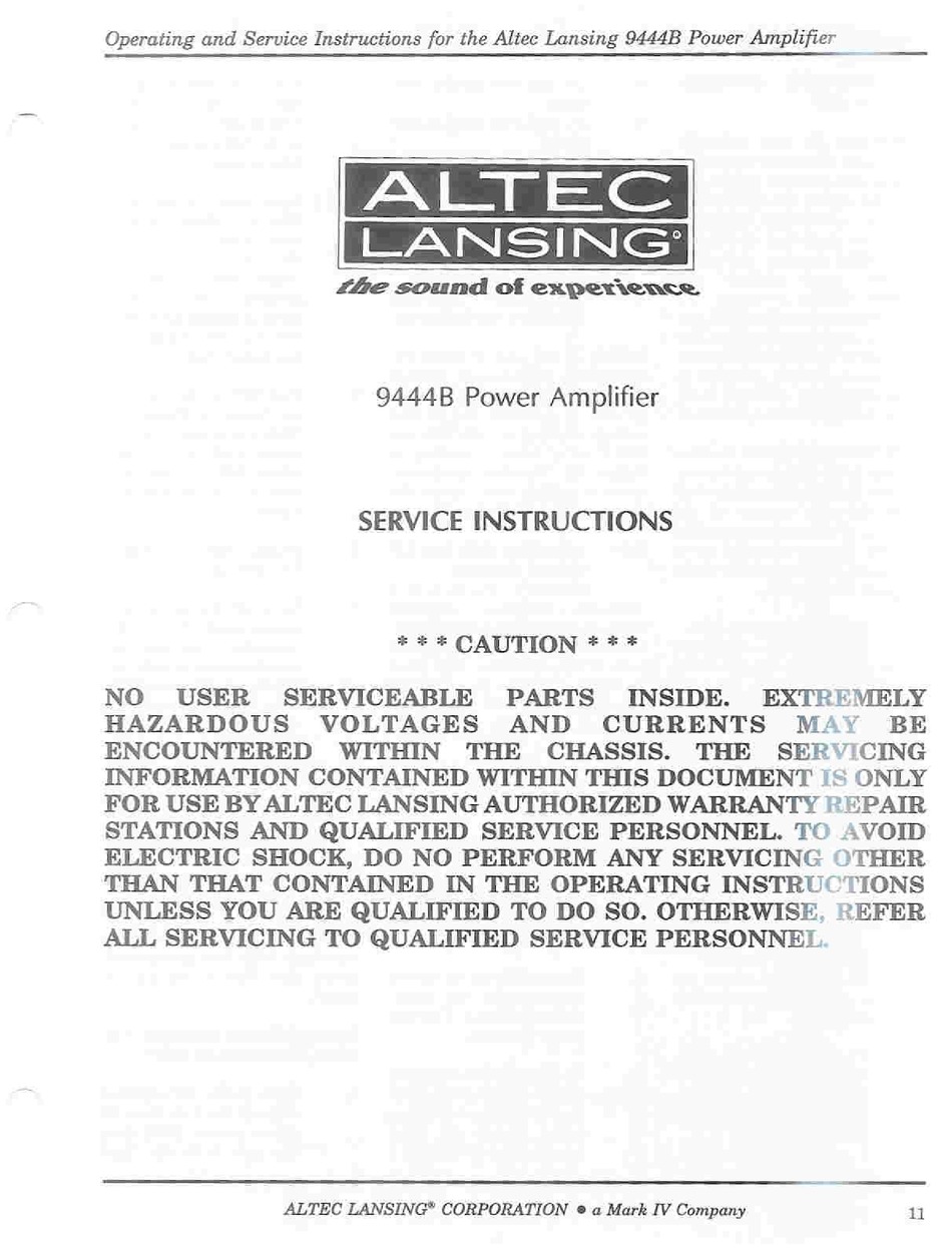 Altec Lansing 9444b Power Amplifier Service Service Instructions Manual Pdf Download Manualslib