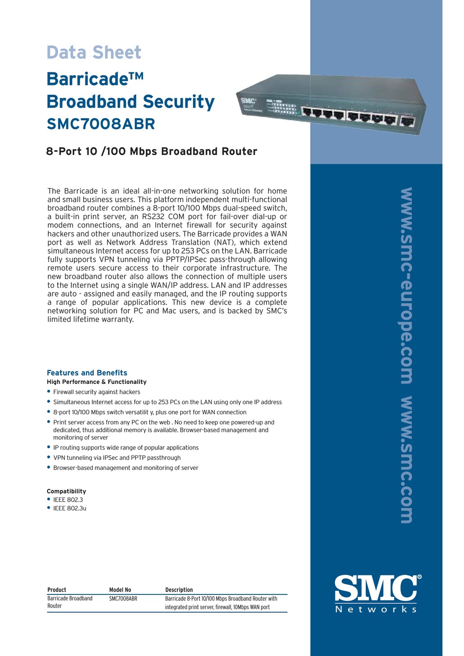 SMC7008ABR Barricade Cable/DSL Router with 8-Port 10/100Mbps Switch and Integrated Print Server 