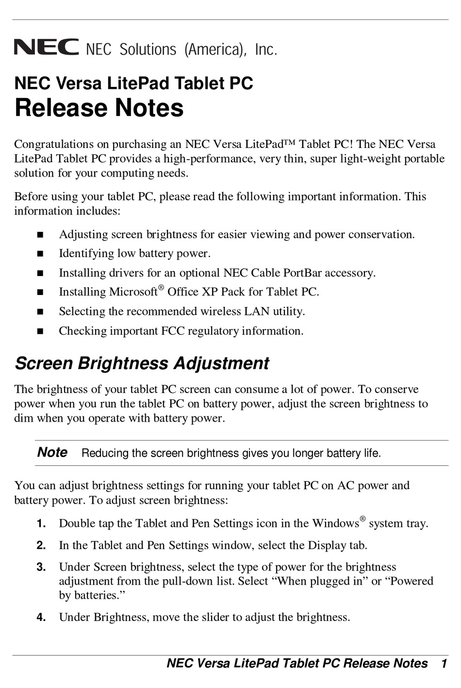 Nec Versa Litepad Tablet Pc Release Notes Release Note Pdf Download Manualslib