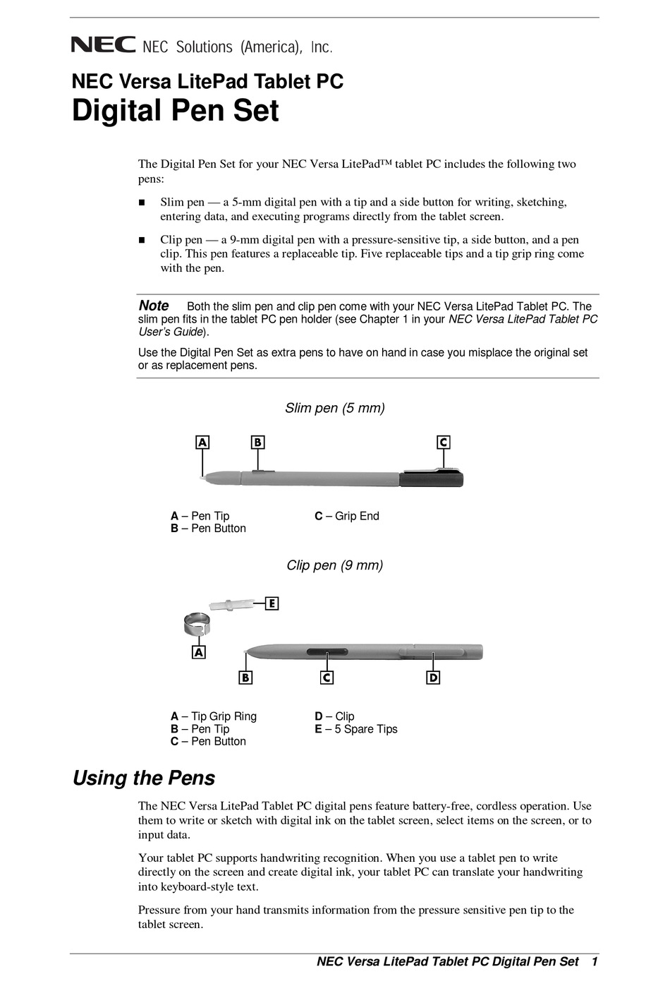 Nec Versa Litepad Tablet Pc Digital Pen Set User Manual Pdf Download Manualslib
