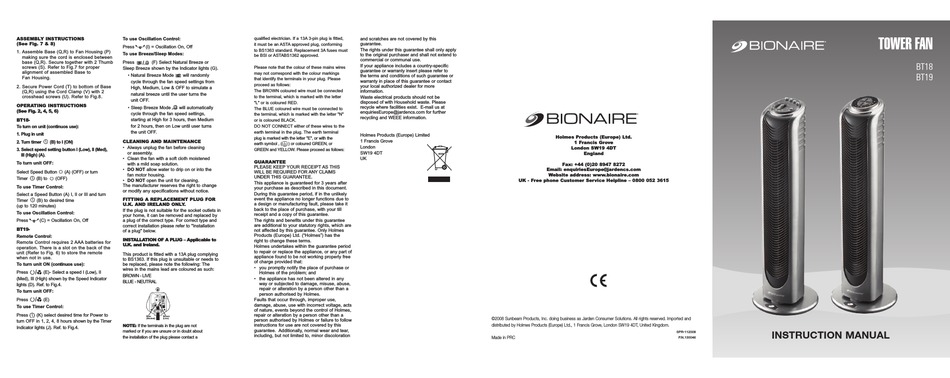 BIONAIRE BT18 INSTRUCTION MANUAL Pdf 