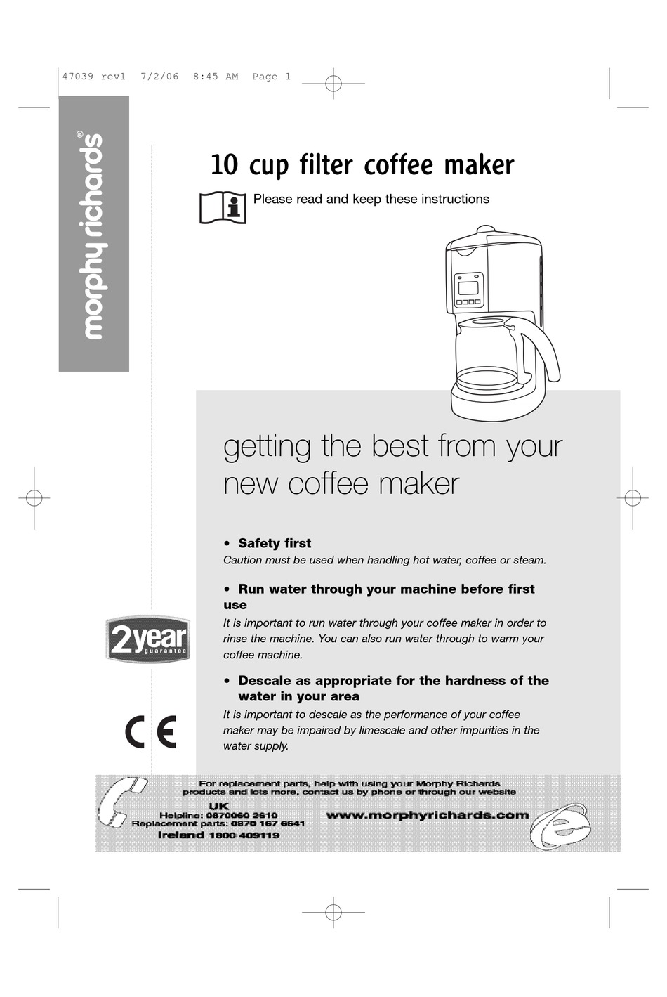 MORPHY RICHARDS 47094 FILTER COFFEE MAKER INSTRUCTIONS MANUAL Pdf