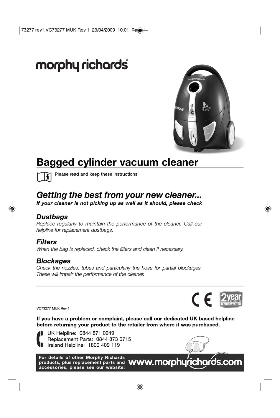 MORPHY RICHARDS BAGGED CYLINDER VACUUM CLEANER INSTRUCTIONS MANUAL Pdf