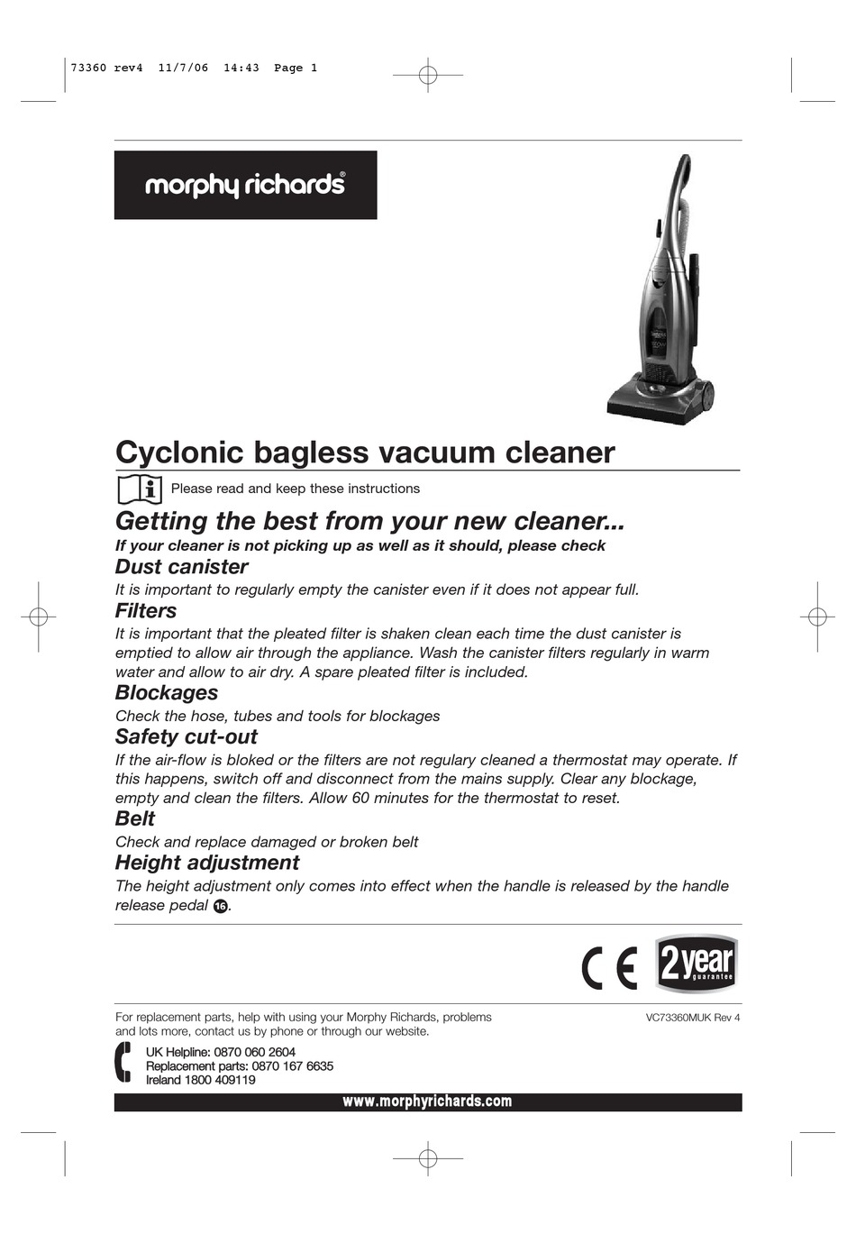 MORPHY RICHARDS CYCLONIC BAGLESS VACUUM CLEANER REV 4 MANUAL Pdf
