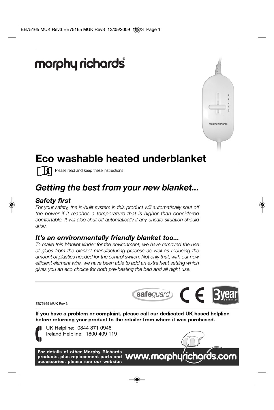 MORPHY RICHARDS ECO WASHABLE HEATED UNDERBLANKET MANUAL Pdf Download