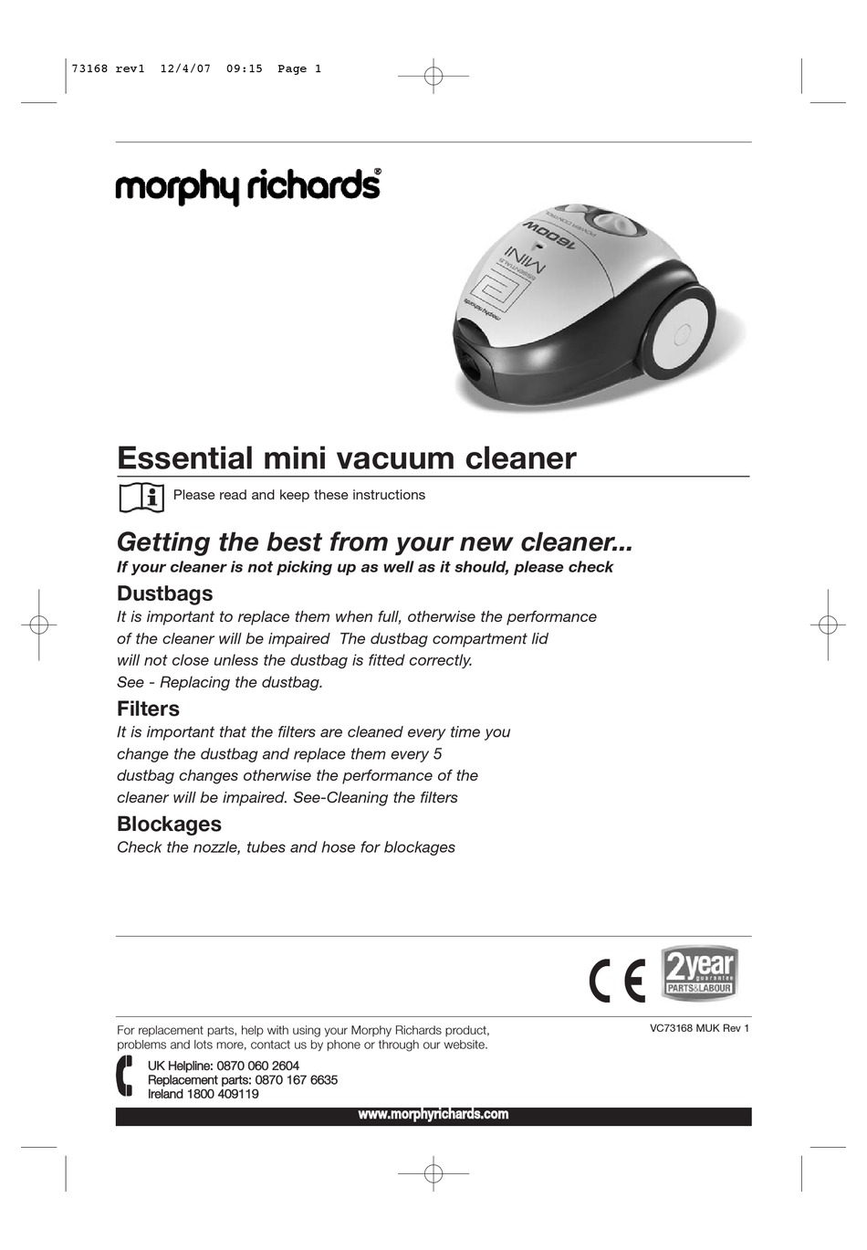 MORPHY RICHARDS ESSENTIAL MINI VACUUM CLEANER REV 1 MANUAL Pdf