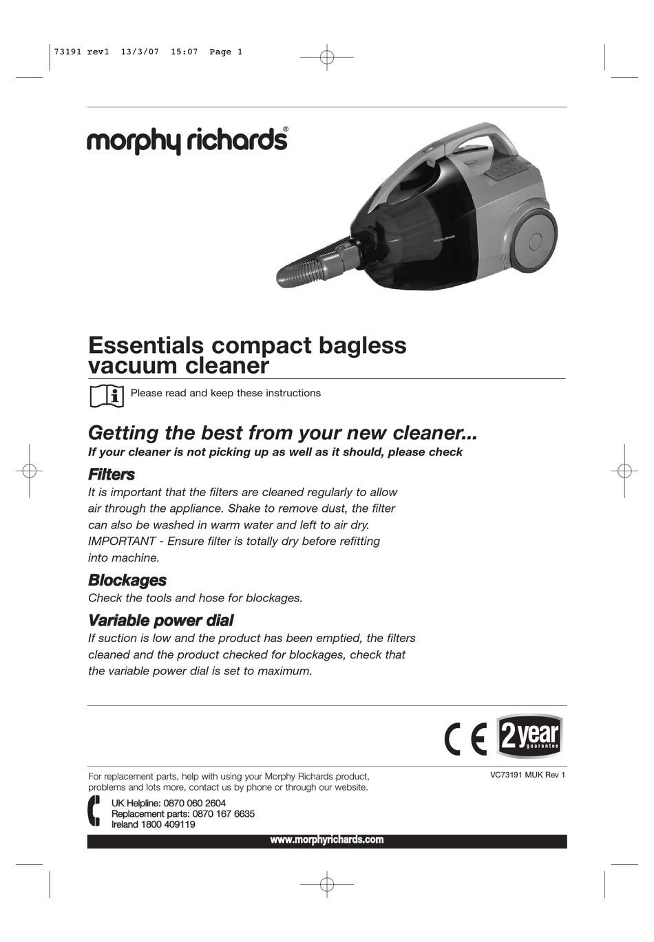 MORPHY RICHARDS ESSENTIALS COMPACT BAGLESS VACUUM CLEANER REV 1