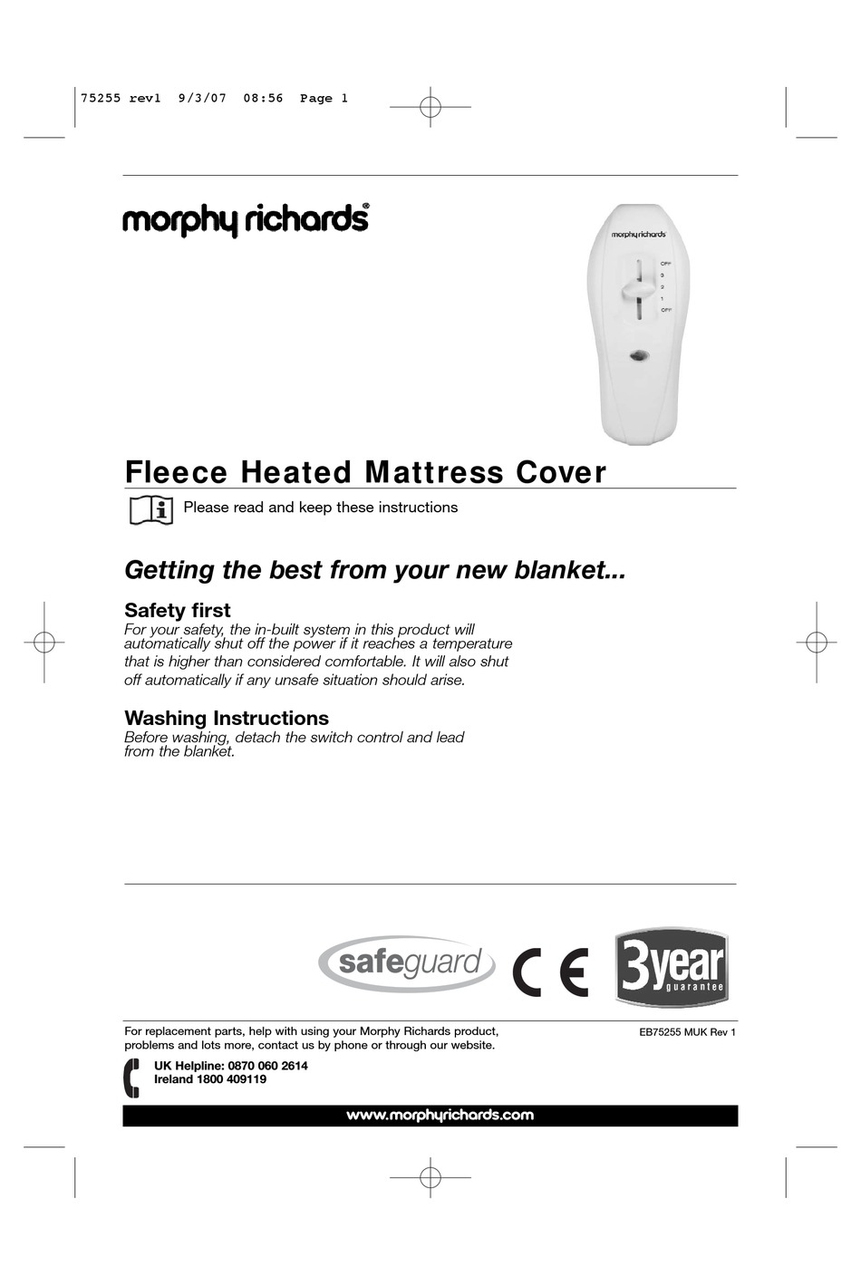 morphy richards fleece heated mattress cover