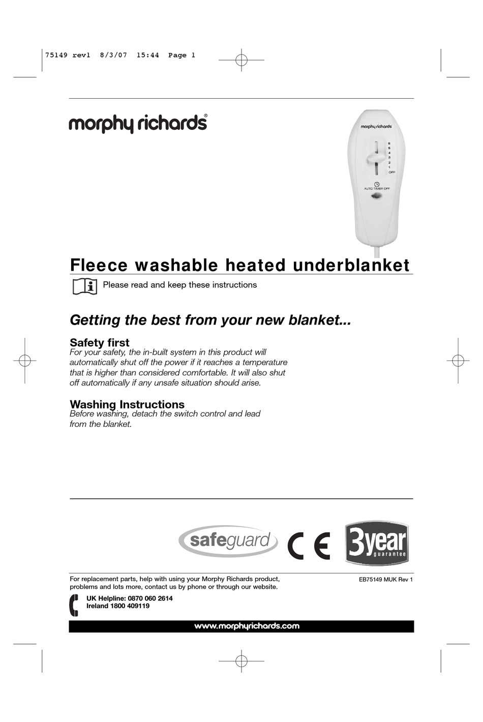 MORPHY RICHARDS FLEECE WASHABLE HEATED UNDERBLANKET MANUAL Pdf