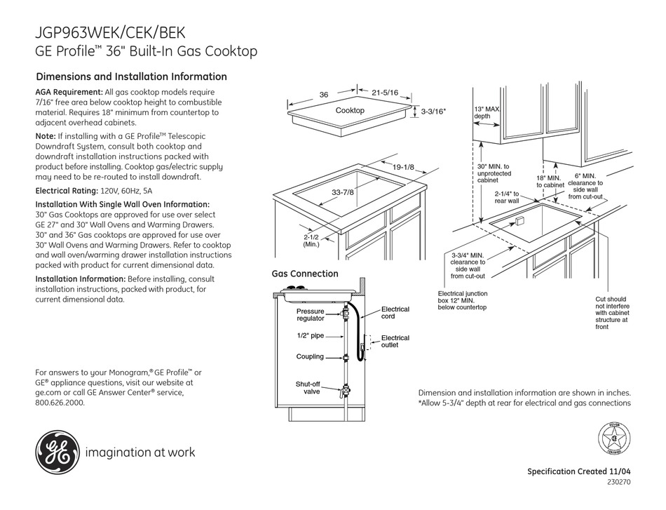 GE JGP963CEKCC PROFILE 36'' SEALED BURNER GAS COOKTOP DIMENSIONS AND