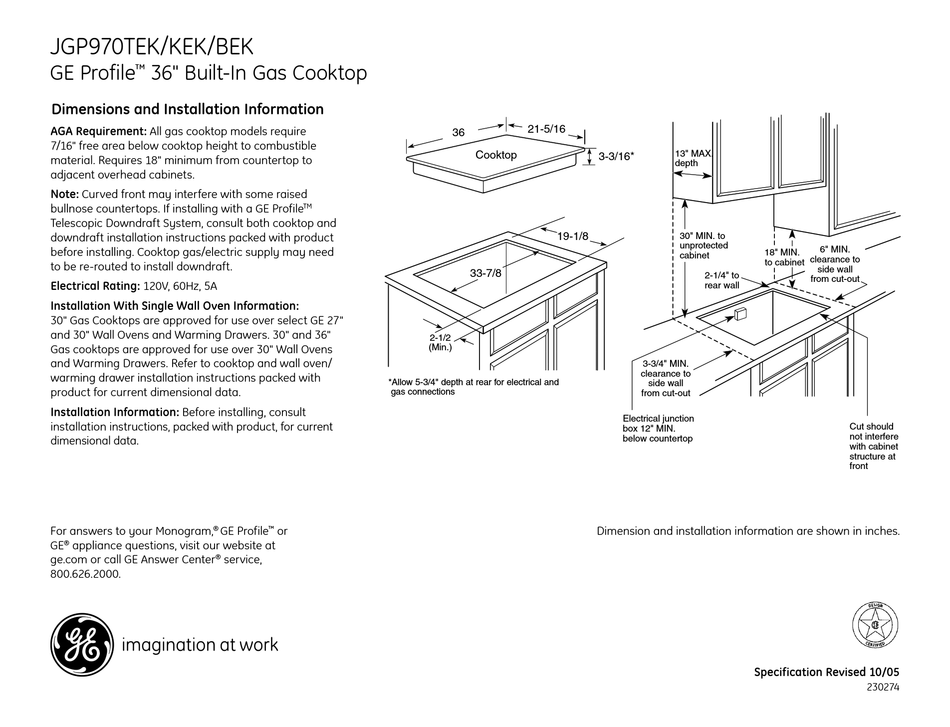 GE JGP970BEKBB PROFILE 36" GAS COOKTOP DIMENSIONS AND INSTALLATION