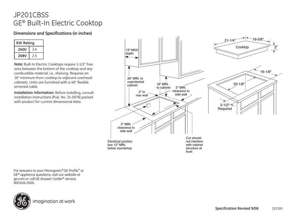 GE JP201CBSS 21" TWO BURNER ELECTRIC COOKTOP DIMENSIONS AND