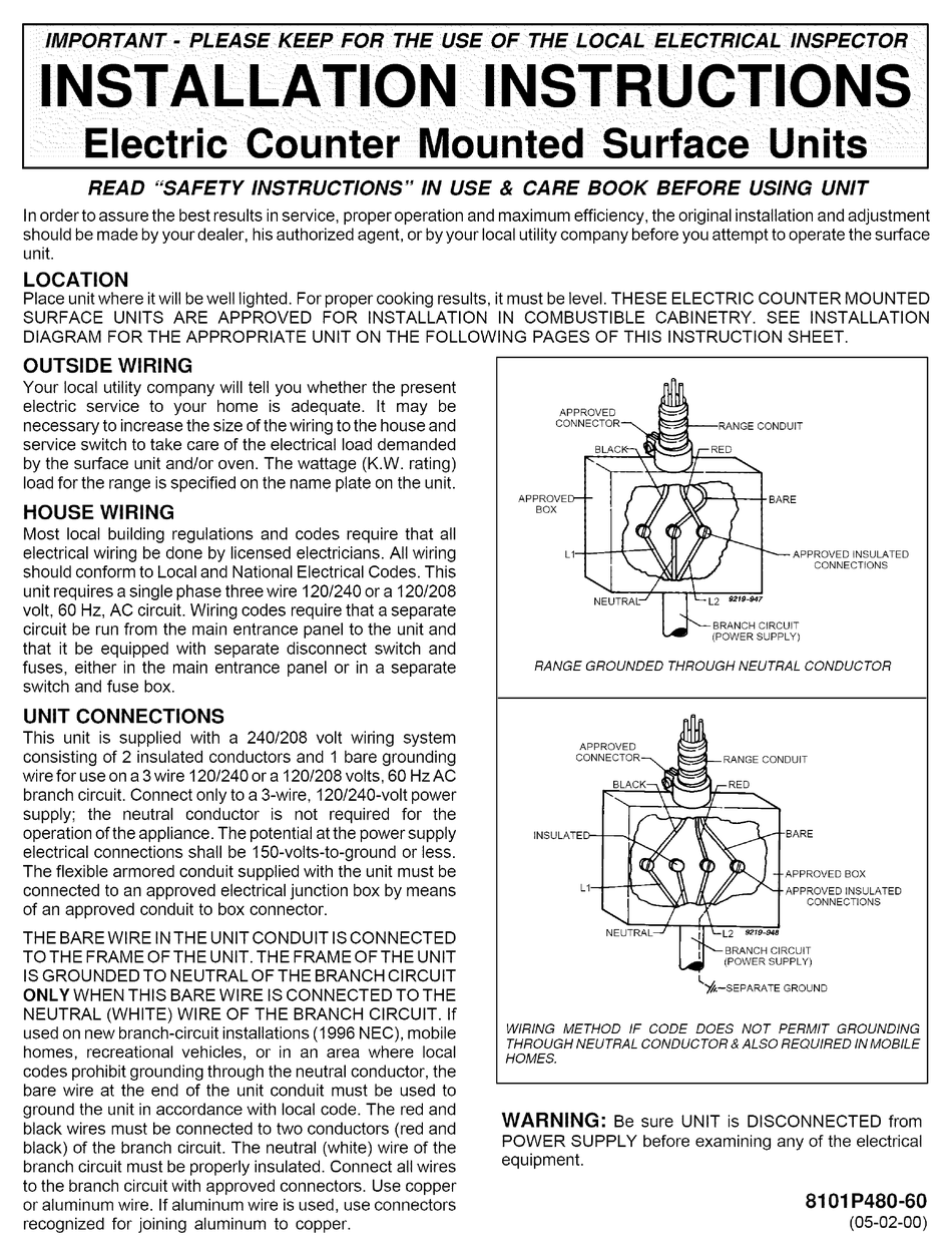 MAYTAG MEC4430AAB 30 INCH ELECTRIC COOKTOP INSTALLATION INSTRUCTIONS