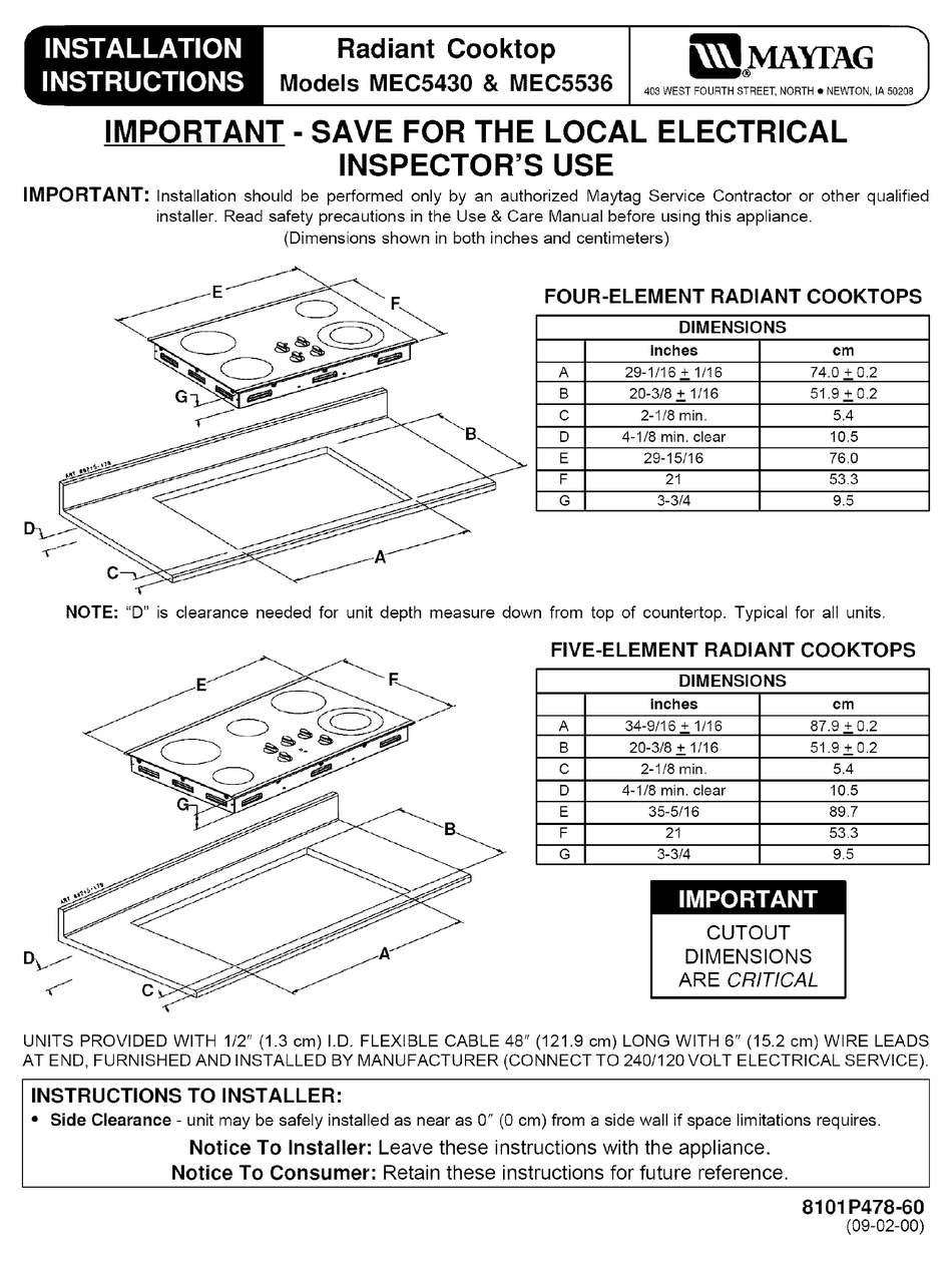 Maytag Mec5536bab 36 Inch Smoothtop Electric Cooktop Installation Instructions Pdf Download Manualslib