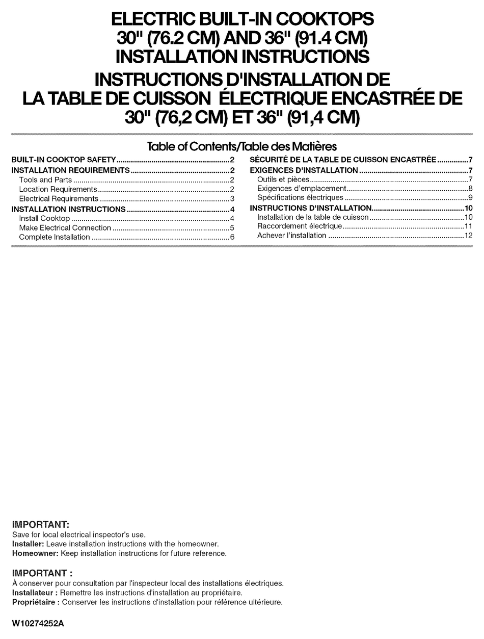 MAYTAG MEC4430W 30 IN. ELECTRIC COOKTOP INSTALLATION INSTRUCTIONS